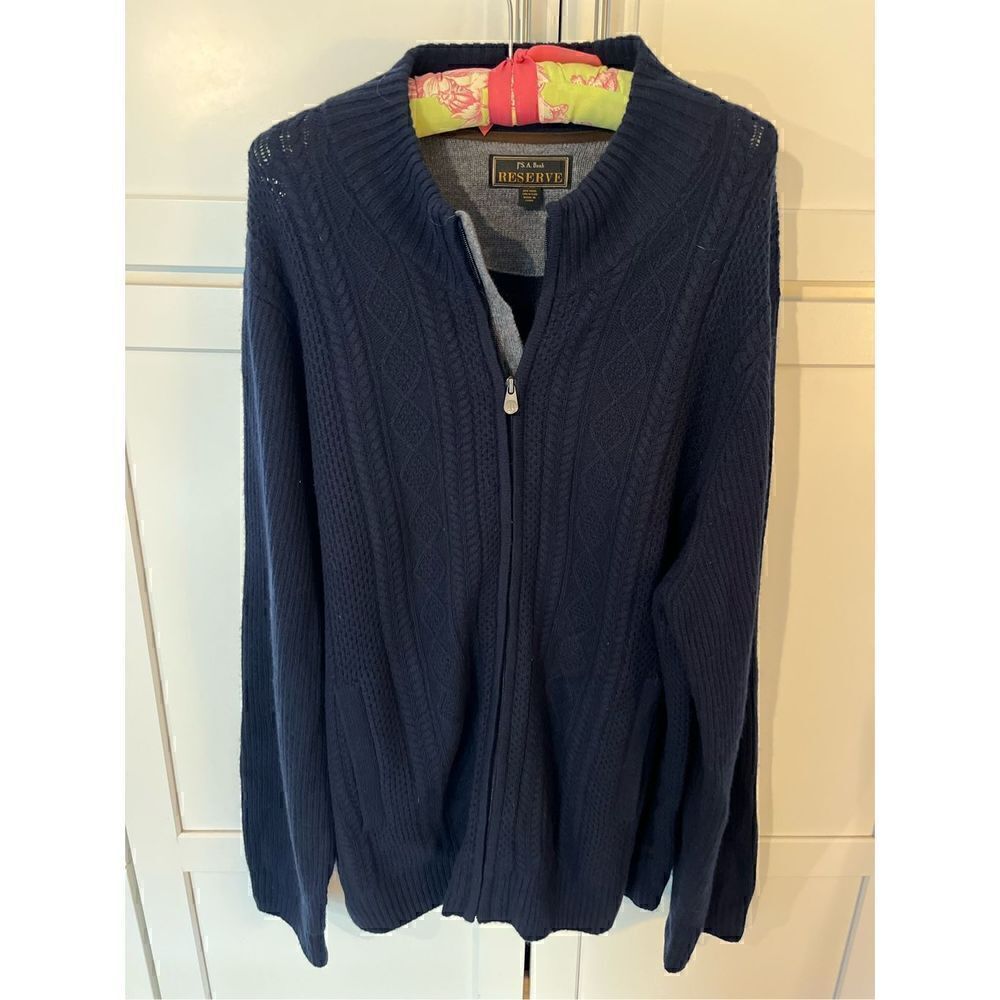 Jos A Bank Reserved Men’s Full Zip Sweater Sz 2XL Blue Wool Elbow Patches